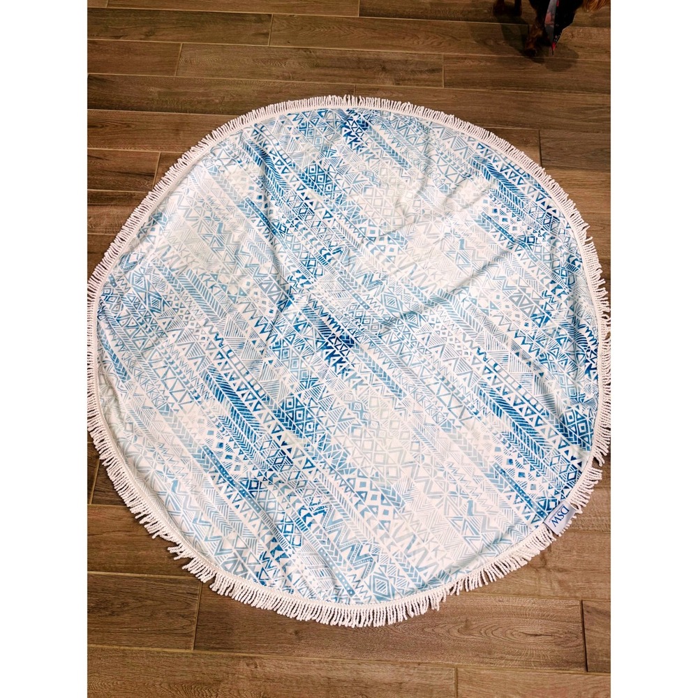 DSW Round Beach Towel Blue Geometric Mandala Fringe 60" Diameter Vacay Boho Yoga